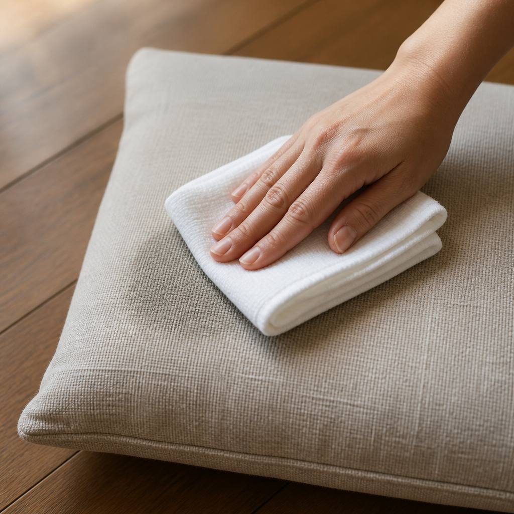 乾いた布でクッションの表面を押さえて水分を取る手元