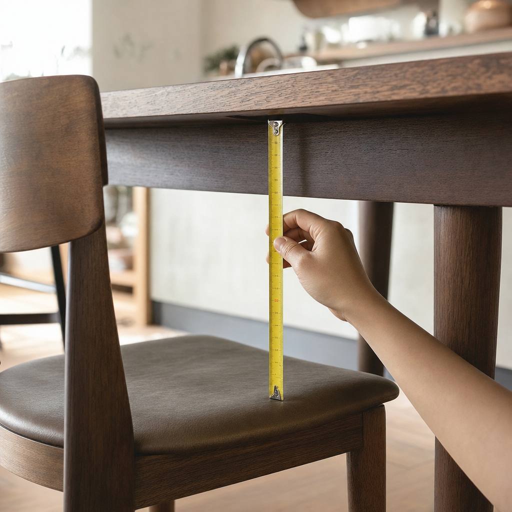 メジャーで椅子の座面からテーブルまでの高さを測る手元