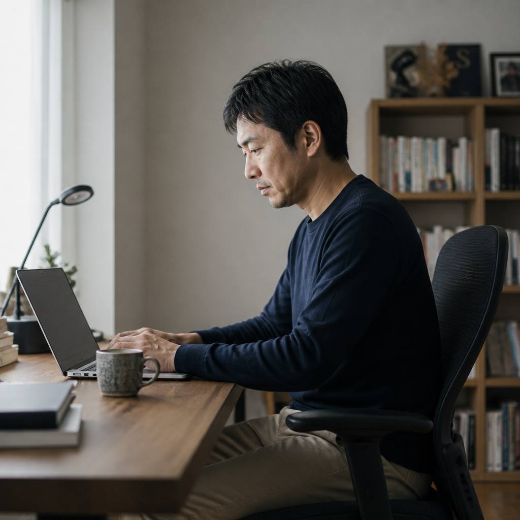 自宅の机でノートパソコンに向かって座っている様子
