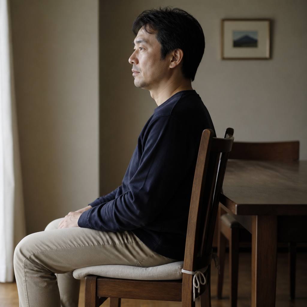 自宅の椅子に座布団を敷いて座っている様子